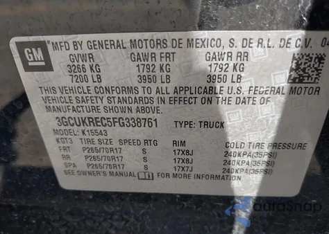 2015 Chevrolet Silverado 1500 1Lt from USA, damaged, VIN 3GCUKREC5FG338761